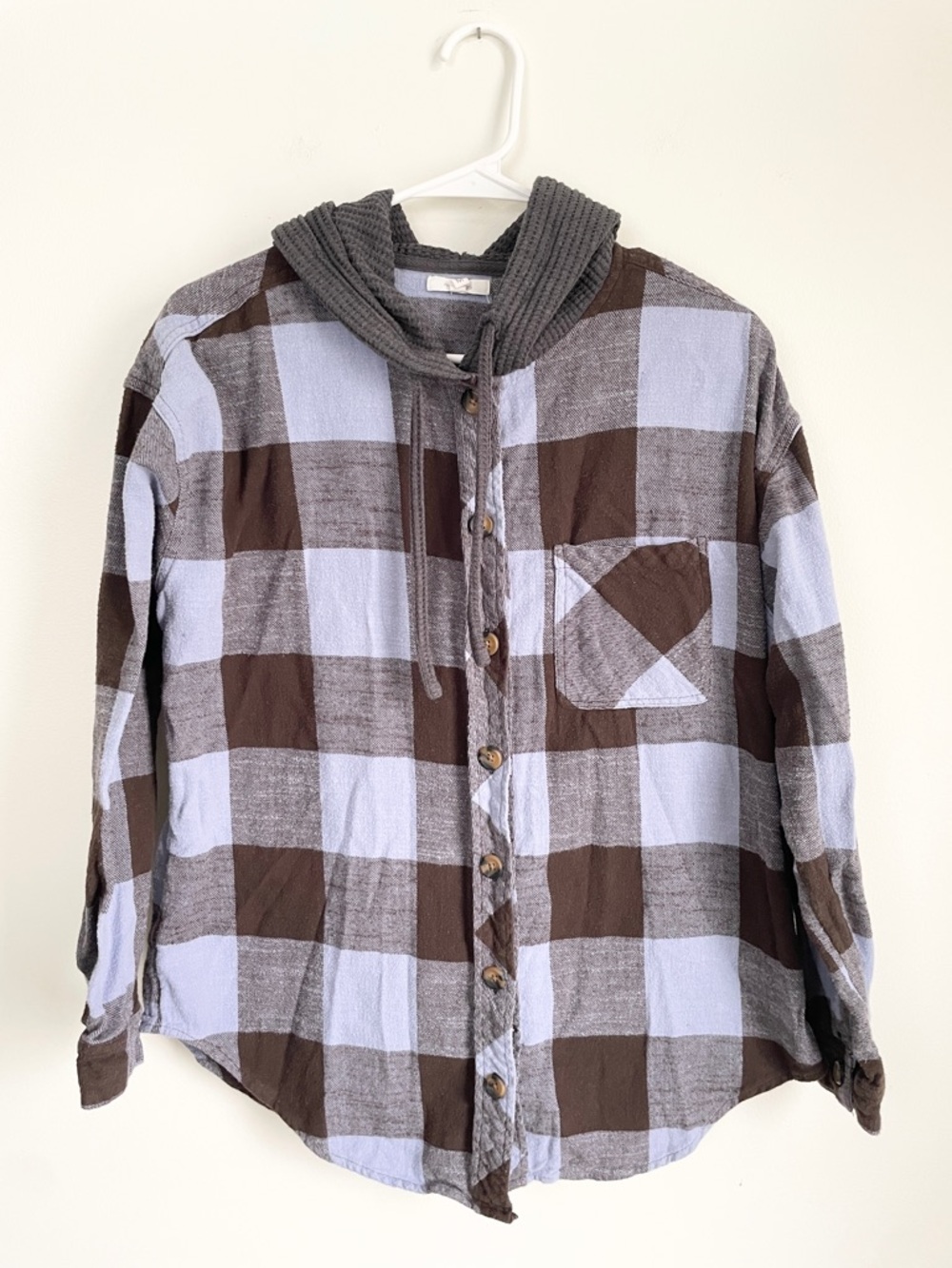 Maurices Brown and Light Blue Plaid Hooded Button-Up Shirt
